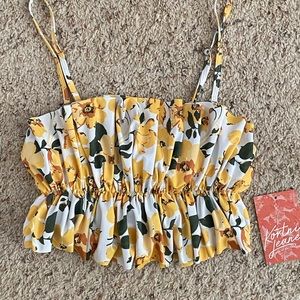 NWT Kortni Jeane yellow floral oversized ruffle swim top